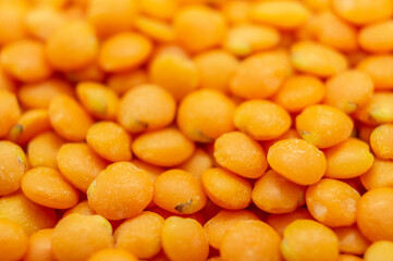 Orange lentil groats close-up. Macro photography