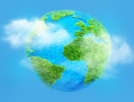 grass planet Earth with clouds isolated 3D illustration