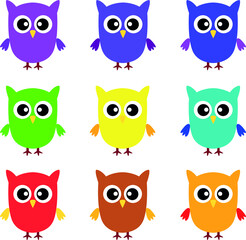 Vector illustrations of small flat coloured owls on white background.