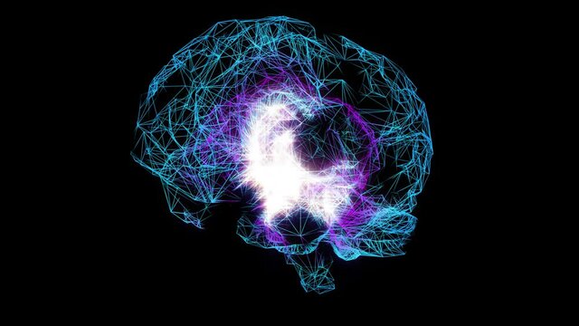 Brain Volumetric rotating  model. Glowing human brain with nerve cells. (loop video)