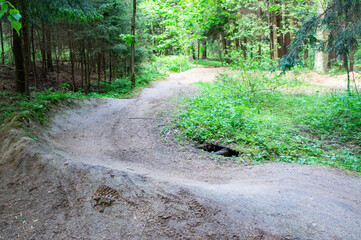 Home-made bicycle training park with a springboard with jumps and tracks. 02 June 2020. Minsk. Belarus