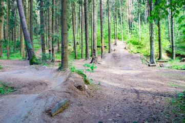 Home-made bicycle training park with a springboard with jumps and tracks. 02 June 2020. Minsk. Belarus