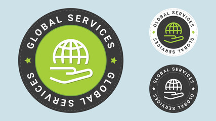 Global Services stamp vector illustration. The globe hang in the air over the wrist. Vector certificate icon. Vector combination for certificate in flat style.