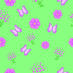 Seamless geometric pattern. Vector texture with flowers and butterfly arranged randomly on a green background