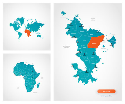 Editable template of map of Mayotte with marks. Mayotte  on world map and on Africa map.