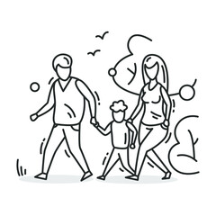 Family walk icon. Outline parents and kid walking in park. Outdoor family activity concept. Parenthood and relationship sign. Mother and father with son. Thin line vector illustration.Editable stroke
