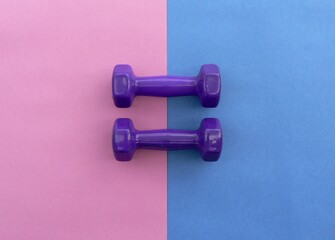 Banner of fitness concept with purple dumbbells on a colored pink and blue background with space for your text. Equipment for sport exercise.  Wellness at home.