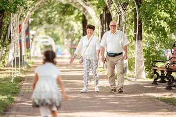 Obraz premium Happy grandparents and granddaughter having fun in summer park together