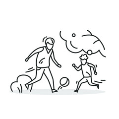 Family soccer icon. Father playing football against son. Outline outdoor family activity concept. Parents and kids lifestyle, recreation. Linear simple vector illustration.Editable stroke
