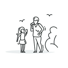 Eating ice cream icon. Thin line sing with father and daughter enjoying summer yummy dessert in park. Family time concept. Parents and kids activity. Linear vector illustration.Editable stroke
