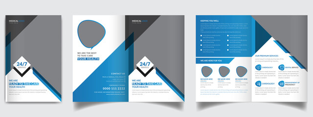 Clinic or healthcare advertising 4 page bifold brochure vector template design