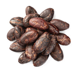 peeled cocoa beans isolated on white background, top view