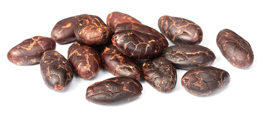 peeled cocoa beans isolated on white background