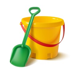 3d realistic vector kids bucket and spade for sand play on the sea.
