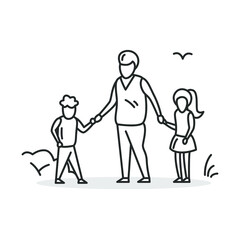Obraz na płótnie Canvas Father and kids icon. Thin line sign of dad holding hands with son and daughter. Parenthood and family concept. Man with children outdoors. Linear vector illustration.Editable stroke 