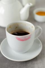Lipstick marks on a coffee cup (close-up)