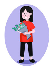 Concept art stays at home. Gardener. Florist. A girl with a bouquet of flowers in her hands. Vector graphics. Flat illustration.