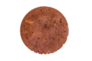 Homemade chocolate sponge cake isolated on white background. Bakery Product. Close up. Top view.
