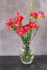 
Red carnations in a vase on a gray ceramic background