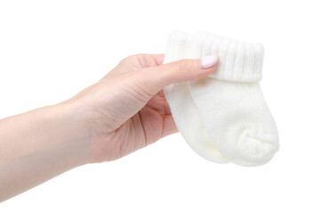 White socks for newborn child baby in hand on white baclground isolation