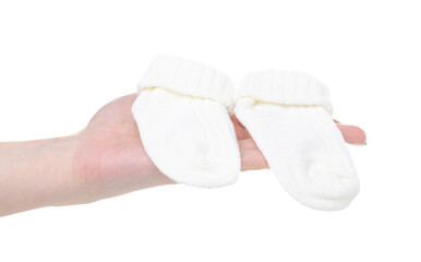 White socks for newborn child baby in hand on white baclground isolation