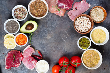 Frame of Healthy food Clean eating selection Including Certain Protein Prevents Cancer on a dark stone backgound