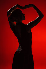 profile of young and elegant woman dancing flamenco on red - obrazy, fototapety, plakaty