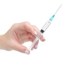 Plastic syringe medical in hand on white background isolation