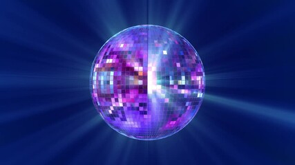 Disco ball with bright rays, night party background. Loop 4k video 