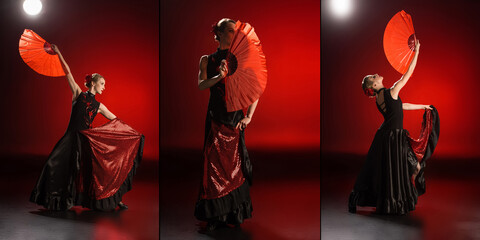 collage of elegant flamenco dancer touching dresses and holding fans while dancing on red
