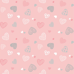 Hearts with animal print in gray, white and pink on a pastel pink background. Seamless vector pattern