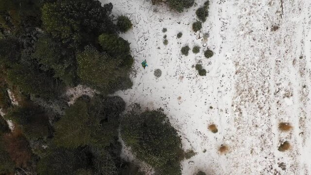 Aerial Dolly Out Shot Hiker Walking on Edge of Forest in Pyrenees Spain