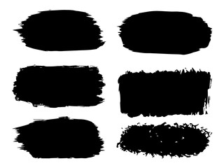 Collection or set of artistic black paint, ink or acrylic hand made creative brush stroke backgrounds isolated on white as grunge or grungy art, education abstract elements frame design