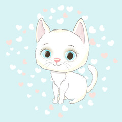 cute white kitten on background with hearts. cartoon vector illustration