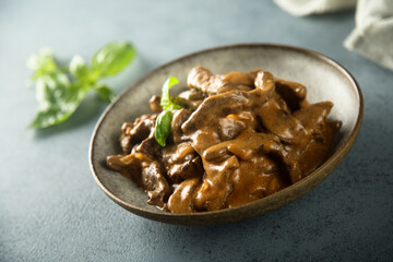 Traditional homemade goulash or beef Stroganoff