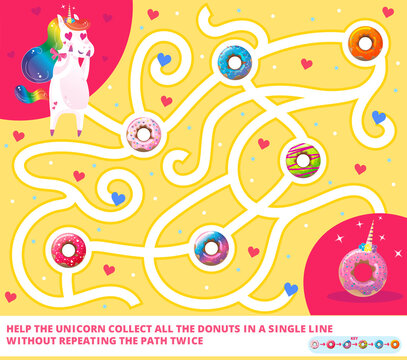 Help the Rainbow Unicorn collect all the yummy donuts in a single line without repeating the path twice. Color maze or labyrinth game for preschool kids. Puzzle. Tangled road with answer or key