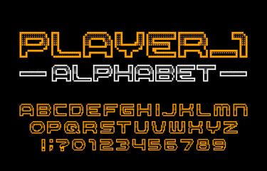 Player 1 alphabet font. Digital pixel letters, numbers and symbols. 80s computer video game typescript.