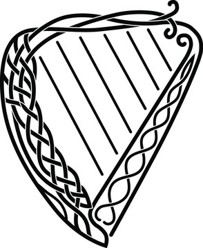 Celtic harp with patterns, black and white image, musical instrument.