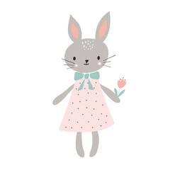Toy Bunny girl in a  pink dress, vector illustration on a white background. Can be used as a print on children's clothing, greeting cards, invitations to children's parties, room poster.