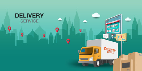 Online delivery service on mobile with order tracking, Warehouse, truck of Vector and illustration design concept.