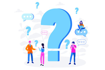 Question mark. Business people asking questions around a huge question mark. Vector illustration.for web banner, infographics, mobile website. 