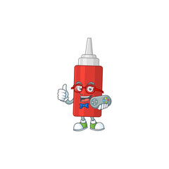 Cartoon mascot design of sauce bottle play a game with controller