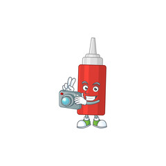 Sauce bottle photographer mascot design taking a picture with a camera
