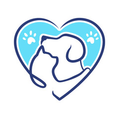 dog and cat symbol in a heart shape. line art illustration.
