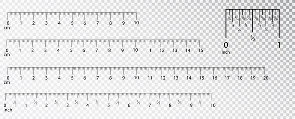 Rulers Inch and metric rulers. Measuring tool. Centimeters and inches measuring scale cm metrics indicator. Scale for a ruler in inches and centimeters. Measuring scales. - obrazy, fototapety, plakaty