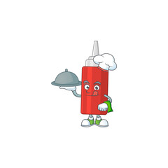 A sauce bottle chef cartoon mascot design with hat and tray