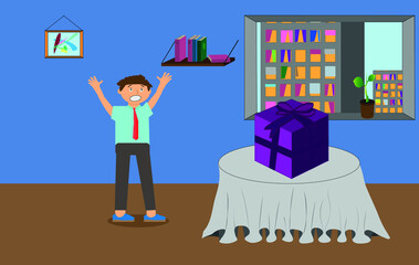 business man in front of office building. guy gets a present for christmas or another holiday