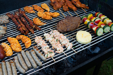 collection of grilled food such as chicken sticks, sausages, fruit skewer, meat, cheese and shrimp skewer