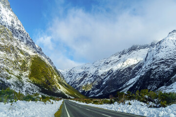 Snowy Mountains Scenery at Milford Sound Road, South Island, New Zealand