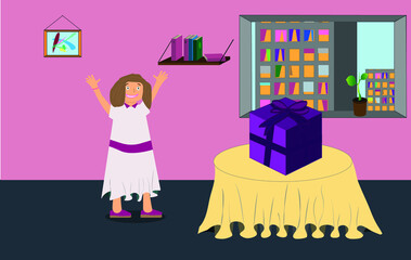 girl in a room. woman gets a present for christmas or another holiday